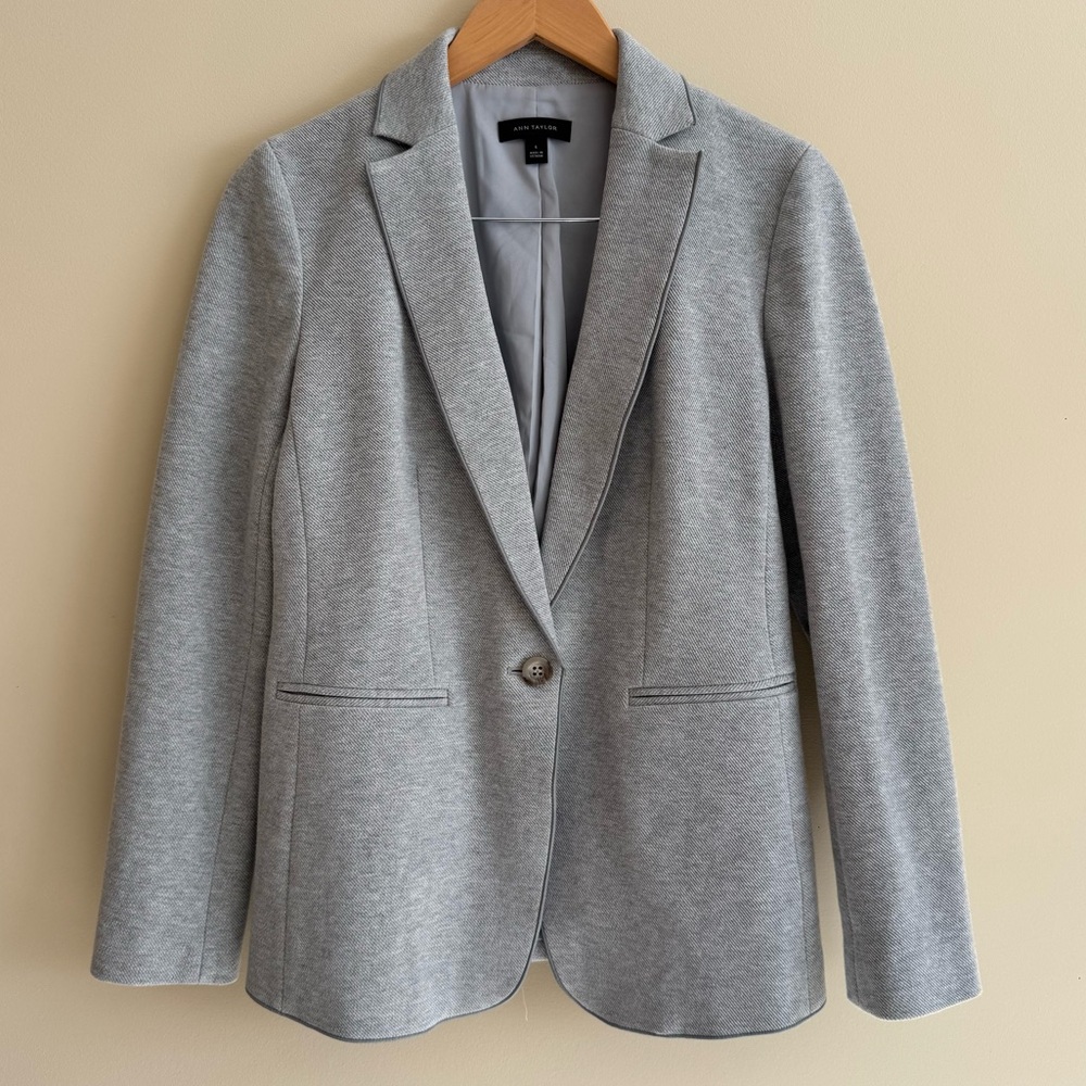 Ann Taylor Woven Blazer Jacket Size 6 One Button Light Gray Silver